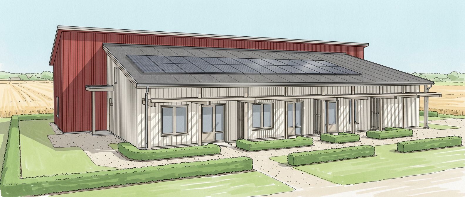 Ilustration över en byggnad med grönt gräs i förgrunden och åkermark i bakgrunden.