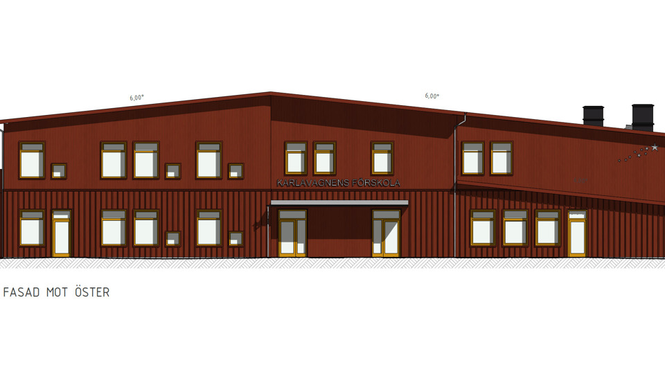 Arkitektskiss på ny förskola i rött trä.