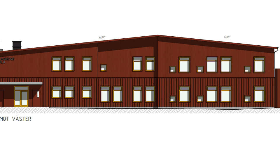 Arkitektskiss på ny förskola i rött trä.