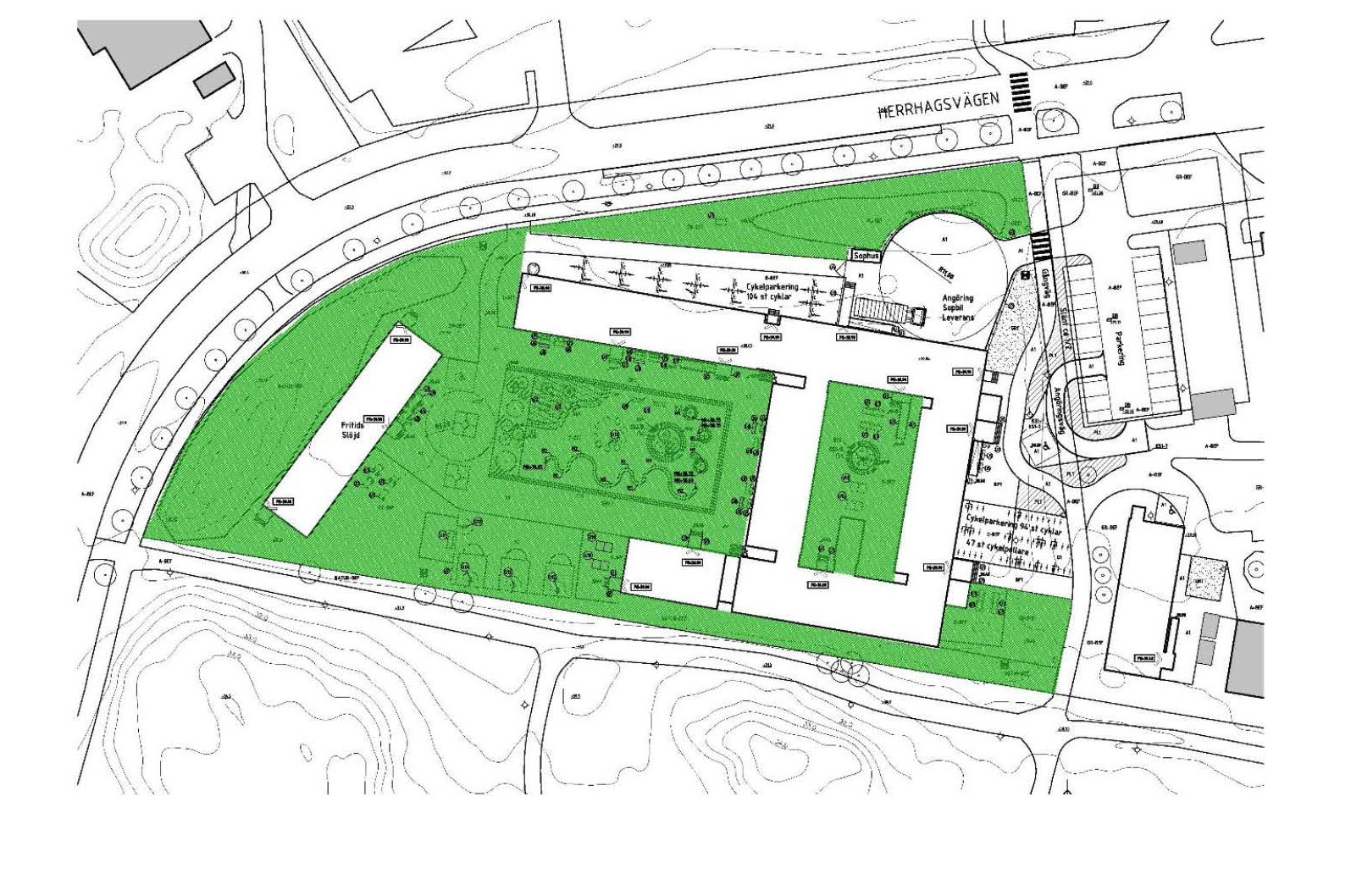 Planskiss i färg över ny modulskola som ska byggas.