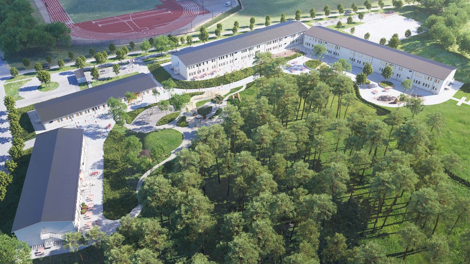 Arkitektskiss över Kvarngärdesskolans nya modulskola.