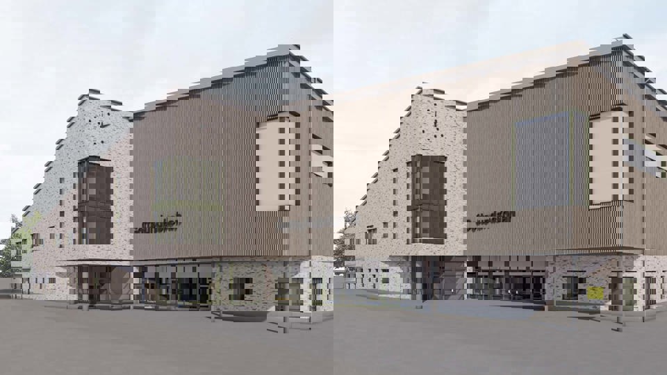 Arkitektillustration som visar nya Gottsundaskolans entrédel