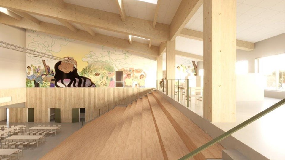 Arkitektillustration som visar nya Gottsundaskolans matsal och gradäng