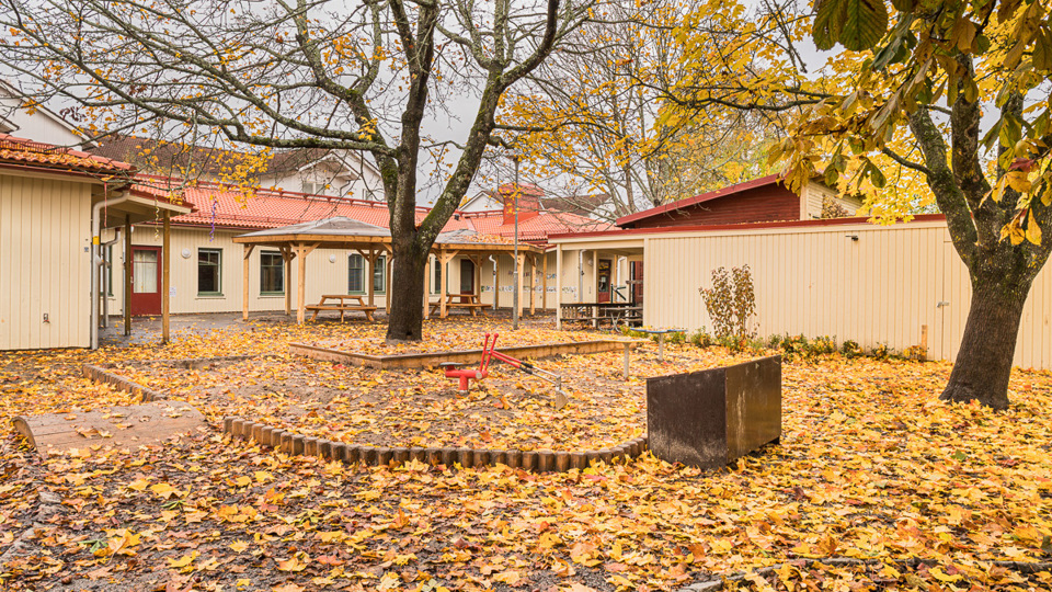 Kims förskola överblick av byggnaden och en lövig skolgården