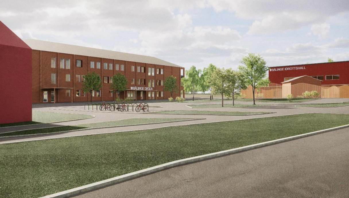 Illustration över en ny, röd skola med idrottshall som ska byggas