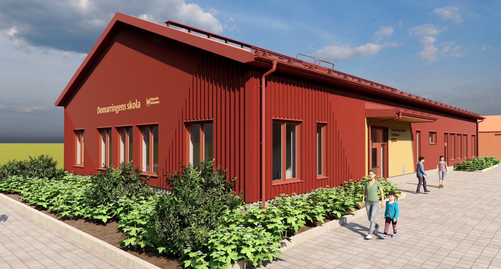 Arkitektskiss över en röd fritidsbyggnad i trä som ska byggas vid en skola.