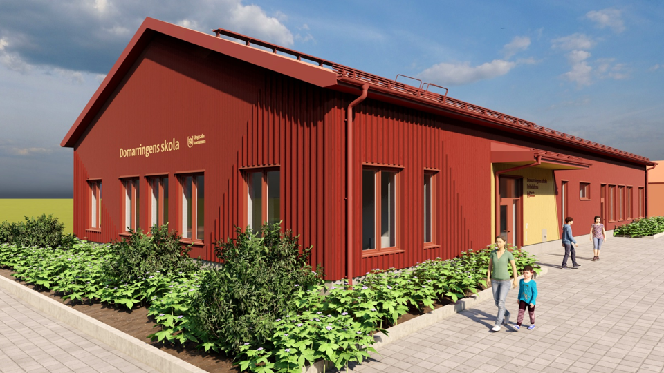 Arkitektskiss över en röd fritidsbyggnad i trä som ska byggas vid en skola.