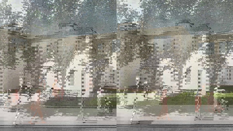 Arkitektskiss på skola med människor som rör sig framför byggnaden