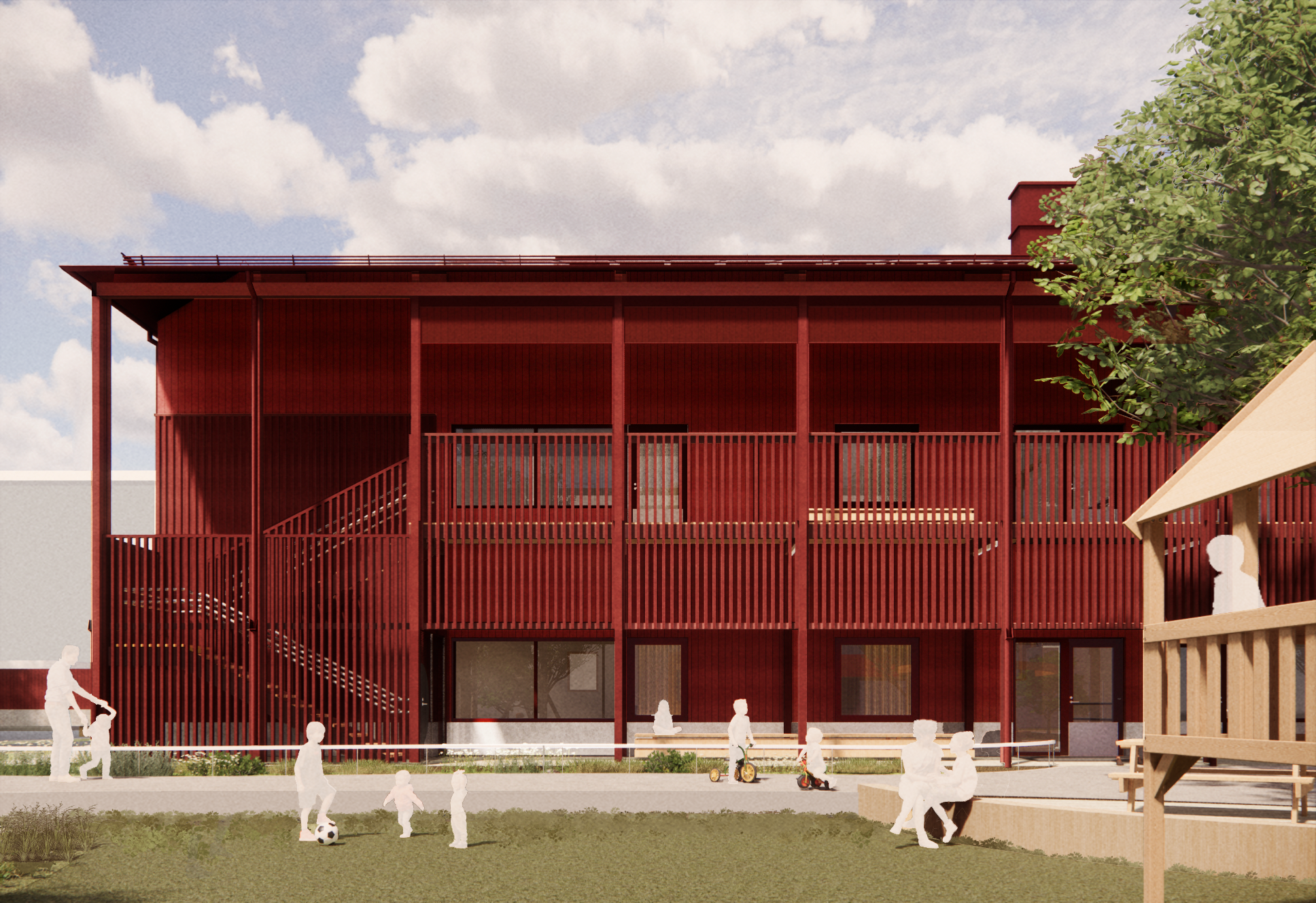 Arkitektskiss på en röd förskola som ska byggas.